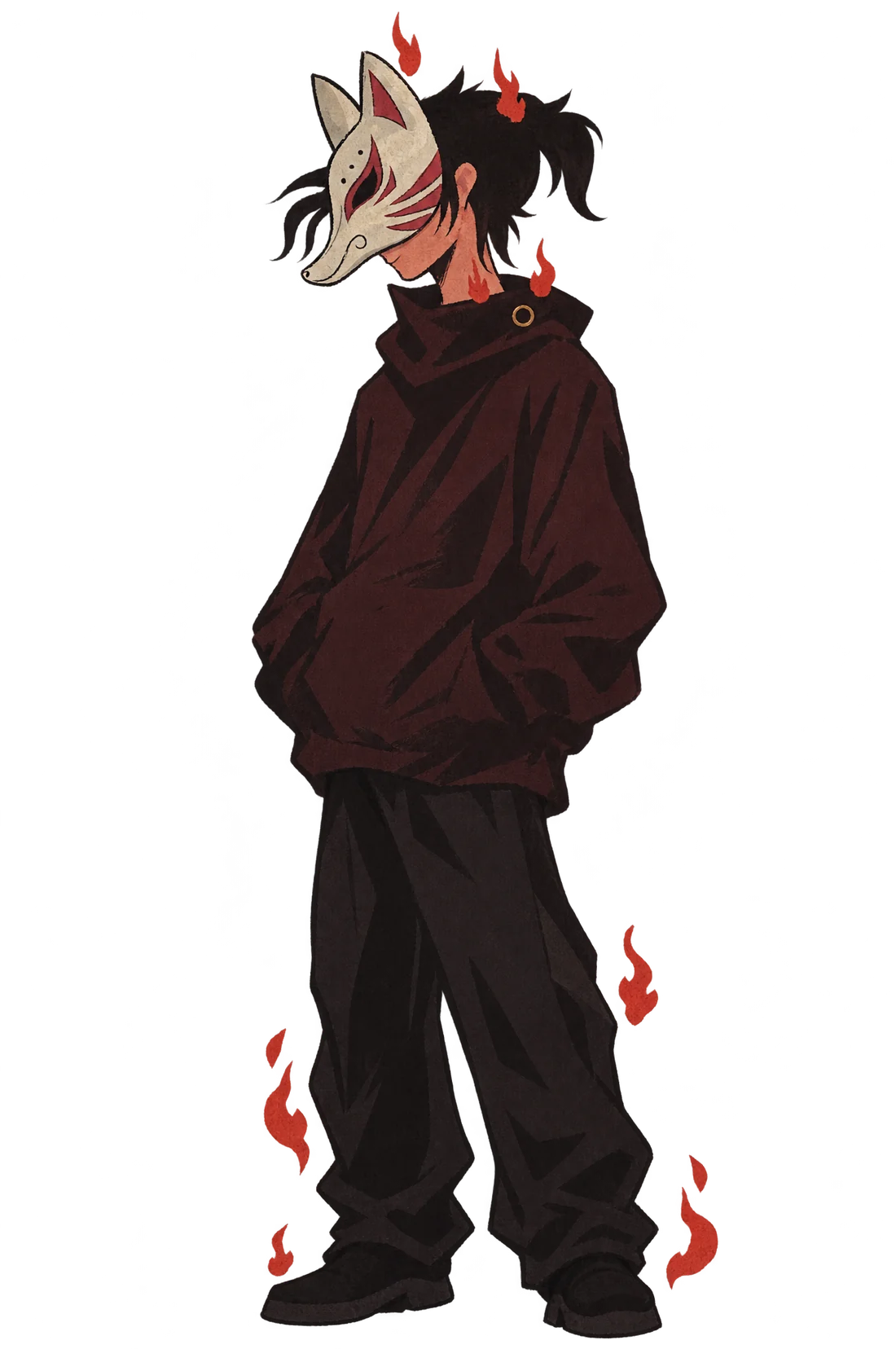 Shinagami standing with hands in the hoodie pocket, fox mask tilted over the face