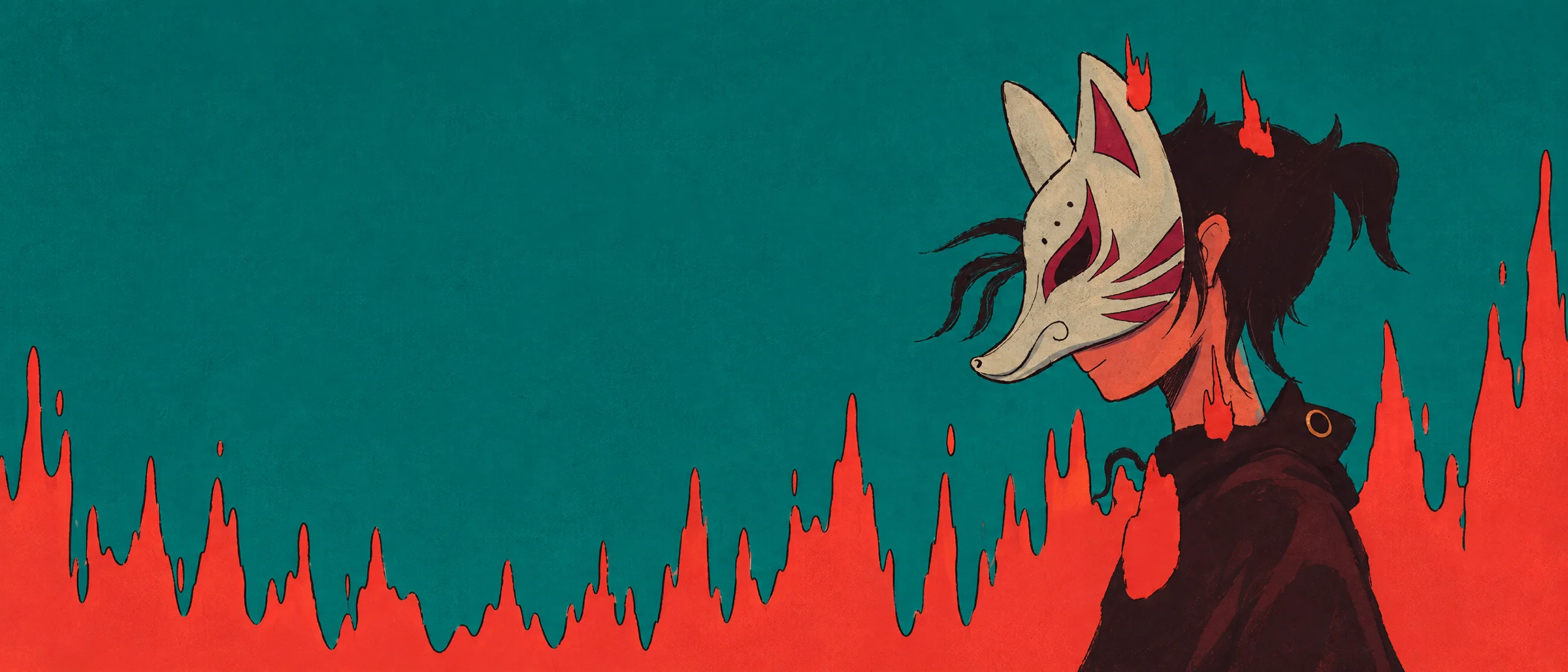Shinagami in profile against a wall of flames